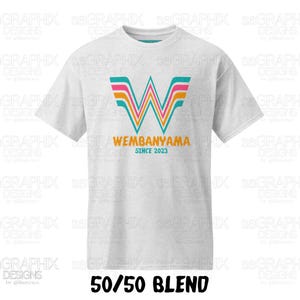Pu&ograve; includere: Una t-shirt grigio chiaro a maniche corte con una grande lettera W stilizzata a strisce color turchese, rosa e arancione. Sotto la grafica, il testo recita WEMBANYAMA in arancione e SINCE 2023 in turchese. Il testo in basso indica 50/50 BLEND.