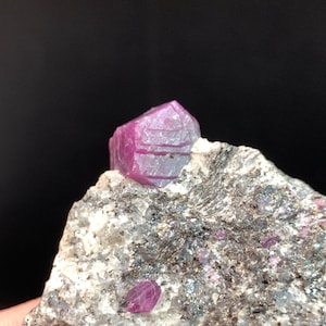 Könnte beinhalten: Nahaufnahme eines rauen, grauen Gesteins mit eingebetteten Kristallen. Die Kristalle sind von leuchtend rosa-roter Farbe, mit einem großen, facettierten Kristall, der prominent obenauf liegt. Das Gestein hat ein gesprenkeltes Aussehen.