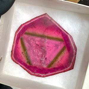 K&ouml;nnte beinhalten: Eine Scheibe des Edelsteins Wassermelonen-Turmalin, die einen Farbverlauf aus rosa und gr&uuml;nen Farbt&ouml;nen zeigt. Der Stein ist in eine unregelm&auml;&szlig;ige Form geschnitten und wird in einer wei&szlig;en Box mit weichem, strukturiertem Futter pr&auml;sentiert. Die nat&uuml;rlichen Muster des Edelsteins sind sichtbar.