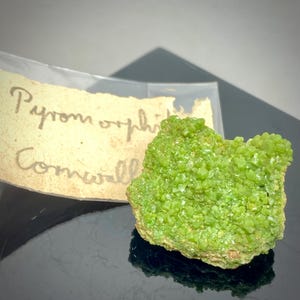 Puede incluir: Un vibrante espécimen mineral de piromorfita verde de Cornualles. La estructura cristalina del mineral es claramente visible, con una superficie rugosa y texturizada. Una etiqueta manuscrita con el nombre "Pyromorphite Cornwall" es parcialmente visible.