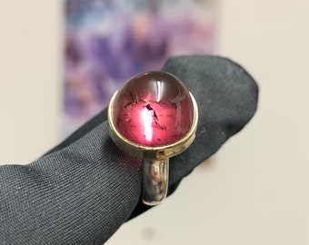 Domed Dichroic Congolese Tourmaline | 14K Gold Setting | Sterling Silver Ring. Size US 5.75, UK L.