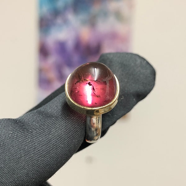 Domed Dichroic Congolese Tourmaline | 14K Gold Setting | Sterling Silver Ring. Size US 5.75, UK L.
