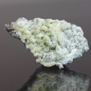 May include: A close-up of a mineral specimen featuring a cluster of pale green, crystalline formations. The crystals have a delicate, feathery appearance, with a slightly darker base. The specimen is set against a dark, reflective surface.