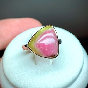 Watermelon Tourmaline Domed Cabochon | 14K Gold Setting | Sterling Silver Ring.
