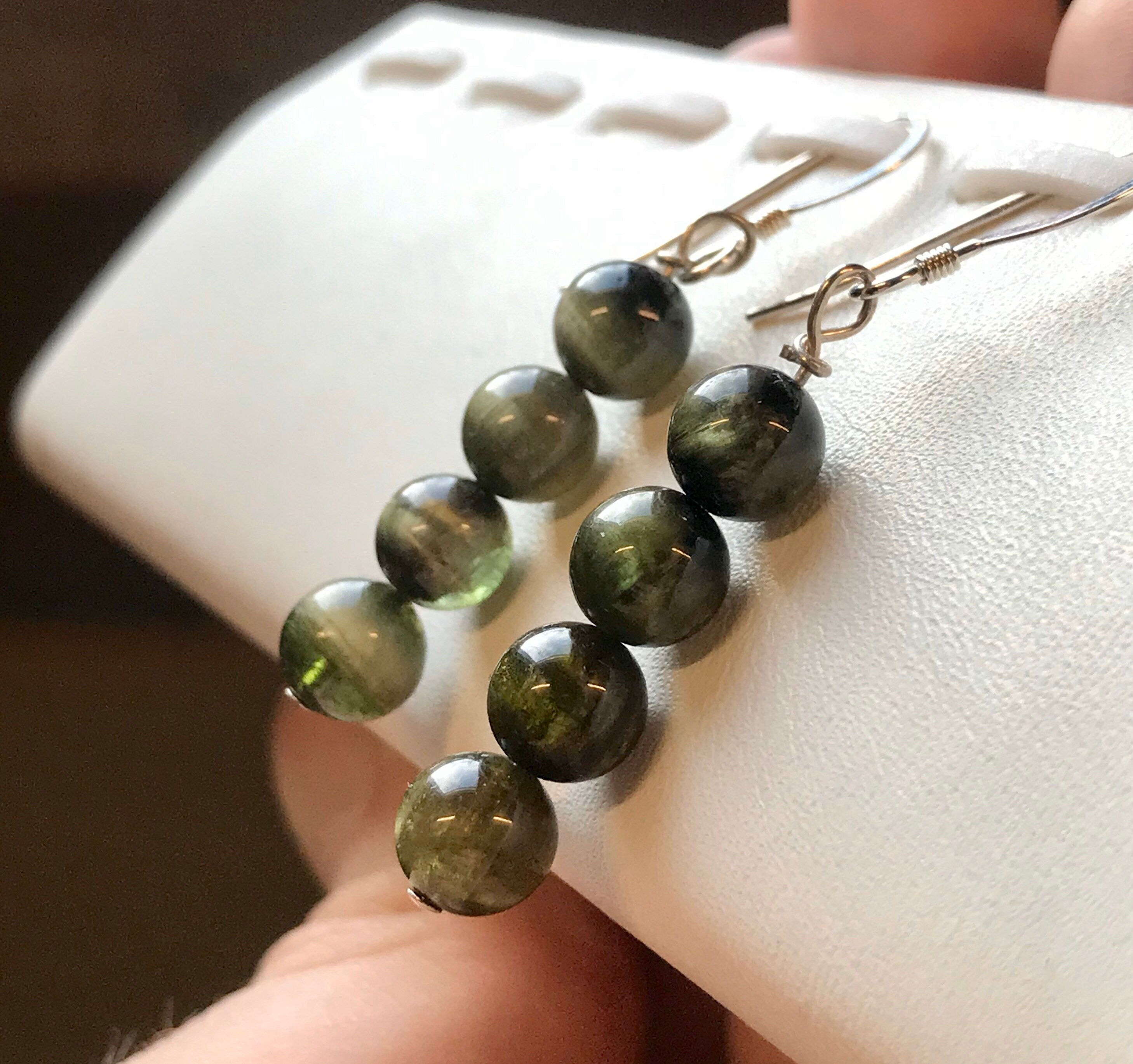 Cats Eye Green Tourmaline Sterling Silver Earrings.