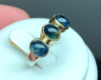 Blue Sapphire 3 Stone Ring | 14K Gold Setting | Sterling Silver Ring.