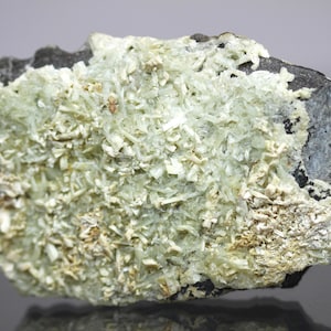 May include: A mineral specimen featuring a dark gray matrix covered with light green, crystalline formations. The crystals have a fibrous appearance, creating a textured surface. The overall color palette is muted, with subtle variations in tone.