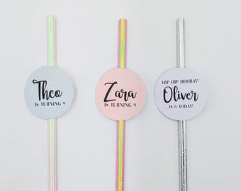 Cannucce personalizzate per compleanno / Topper per cannucce con nome ed età personalizzati / Cannucce per feste di compleanno per bambini / Scegli colori e testo
