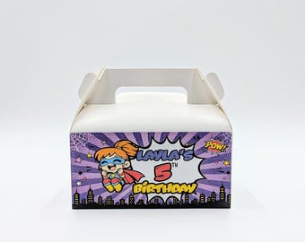 Scatola regalo personalizzata viola a tema supereroi / Scatola per dolcetti di compleanno a tema fumetti per bambine e bambini / Scatola per feste per bambini con nome ed età personalizzati