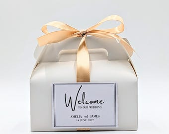 Scatola bomboniera personalizzata, scatola regalo di benvenuto per nozze con nastro, bomboniera personalizzata per gli ospiti, segnaposto per la tavola nuziale