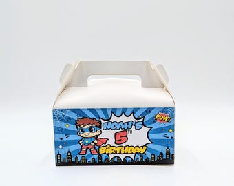 Scatola regalo personalizzata blu a tema supereroi / Scatola per dolcetti di compleanno a tema fumetti per bambine e bambini / Scatola per feste per bambini con nome ed età personalizzati