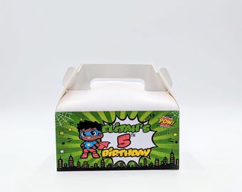 Scatola regalo personalizzata verde a tema supereroi per feste / Scatola per dolcetti di compleanno a tema fumetti per bambine e bambini / Scatola per feste per bambini con nome ed età personalizzati