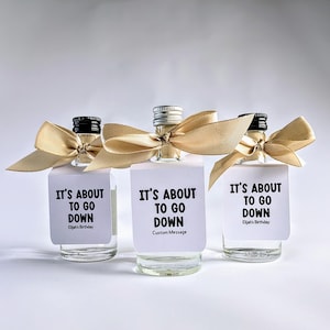 Custom Personalised &#39;Its about to go down&#39; Miniature 50ml bottle Tags |Wedding| Party| Birthday Favour| Bridal shower |Hen Do |Stag Do| Gift