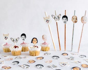 Personalised Face Party Bundle | Custom Face Straws, Cupcake Toppers & Confetti | Hen Party, Birthday, Pet Face Decorations