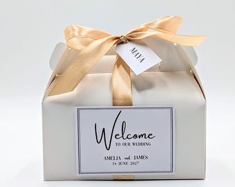 Scatola bomboniera personalizzata, scatola regalo di benvenuto per nozze con nastro, bomboniera personalizzata per gli ospiti, segnaposto per la tavola nuziale
