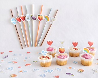 Naughty Emoji Party Bundle | Hen Party Decorations | Emoji Straws, Cupcake Toppers & Confetti | Adult Birthday, Bachelorette Decor