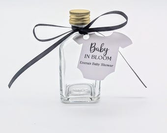 Personalised Baby In Bloom Mini Bottles and Tags | Baby Shower Favours | Custom Baby Shower Bottles | Neutral Baby Shower Decor