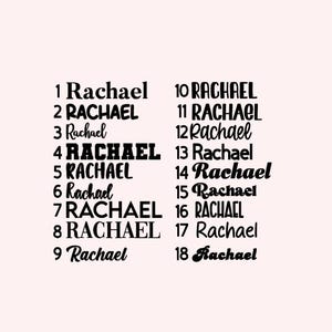 May include: A list of the name "Rachael" spelled in different ways, numbered 1 through 18.