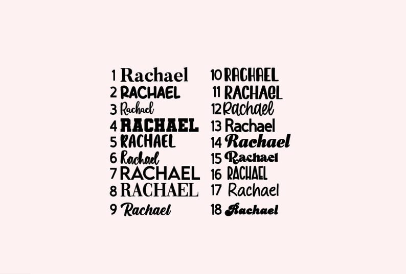 May include: A list of the name "Rachael" spelled in different ways, numbered 1 through 18.