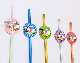 Cannucce personalizzate per feste a tema supereroi, cannucce personalizzate per compleanni, decorazioni per feste di supereroi per bambini, bomboniere per feste di bambini e bambine.