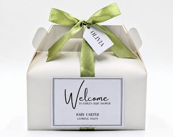 Scatola bomboniera personalizzata per baby shower con targhetta, scatola di benvenuto per baby shower, scatola bomboniera personalizzata per gli ospiti con nastro