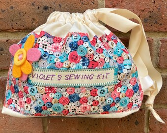 My first  sewing kit / a fun starter set for crafty kids / in BUTTONS/ Pictures/children's craft set/kids sewing bag/personalized sewing bag