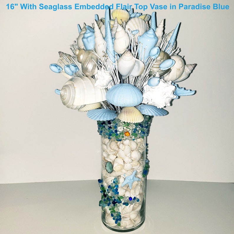 Seashell Bouquet with Glass Stand in 6 Colors & 3 Sizes 16" IN PARADISE BLUE