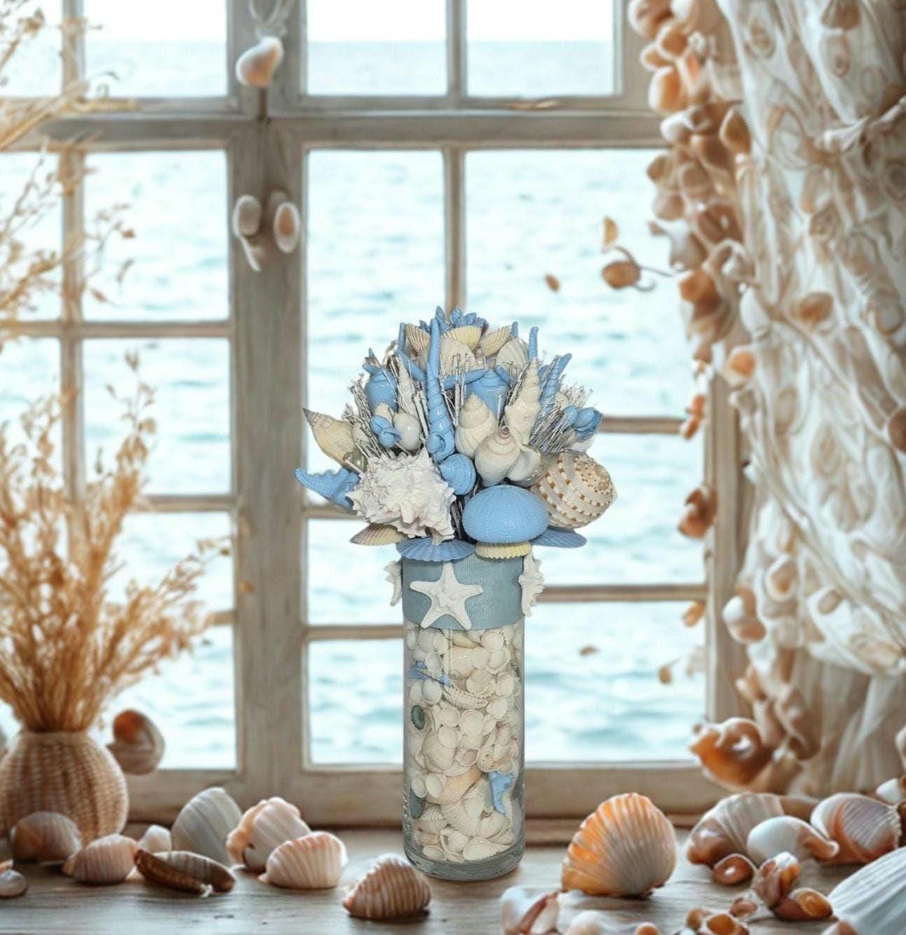 Seashell Bouquet with Glass Stand in 6 Colors & 2 Sizes