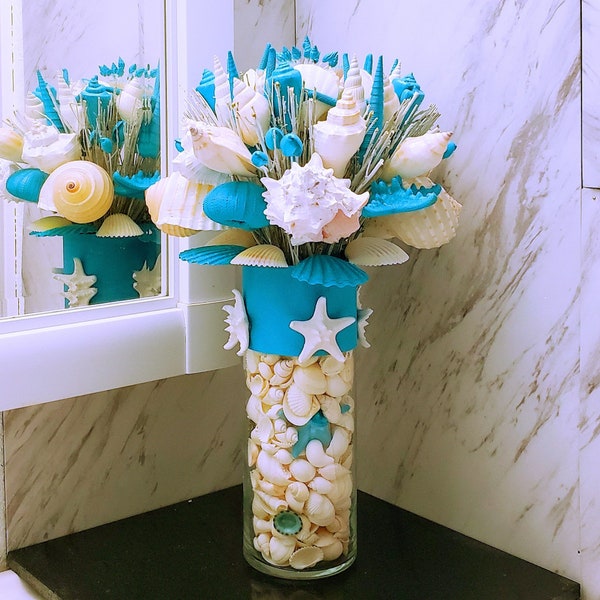 Seashell Bouquet with Glass Stand in 7 Colors & 3 Sizes