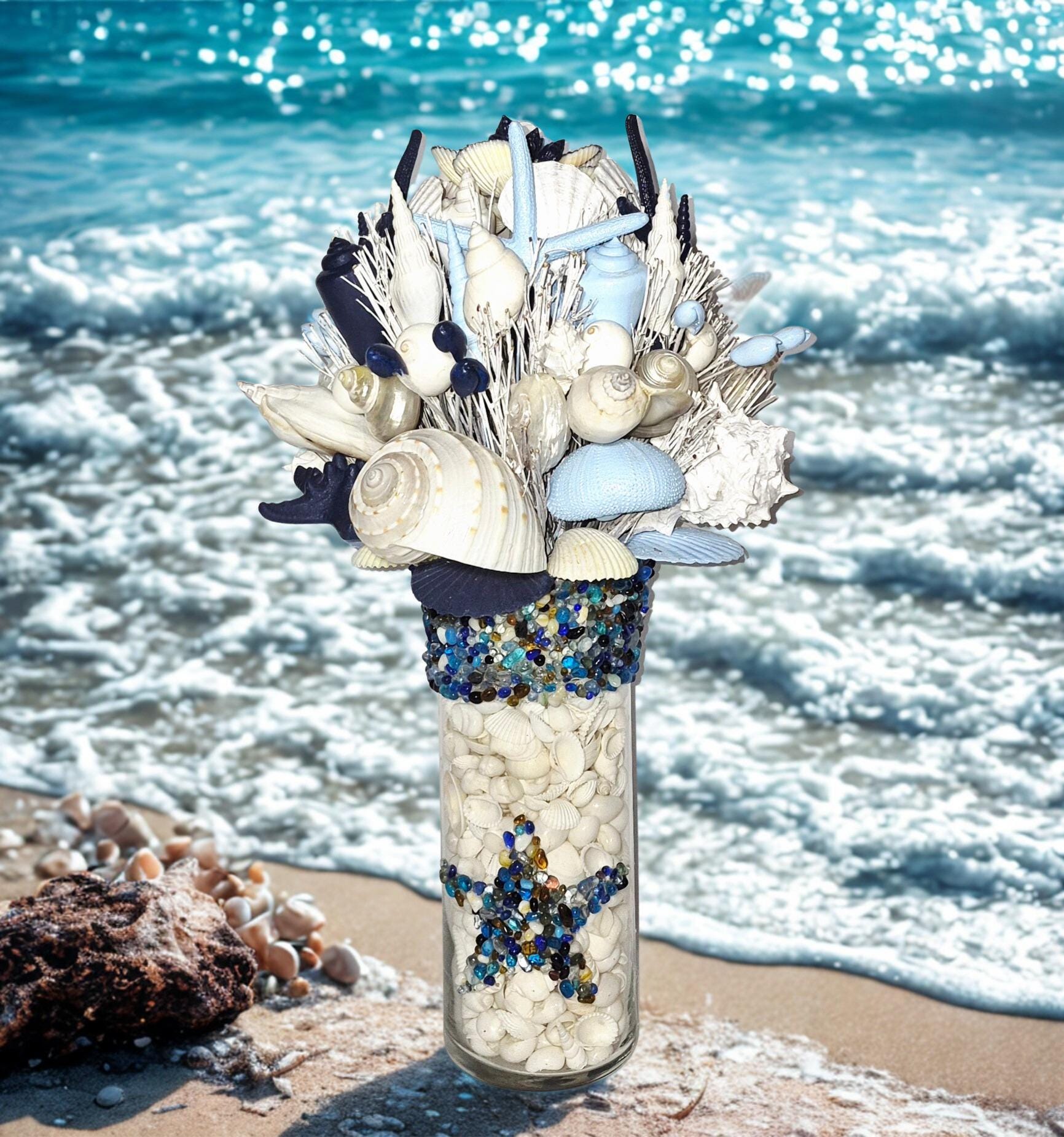 Seashell Bouquet with Embedded Sea Glass Vase in 5 Colors