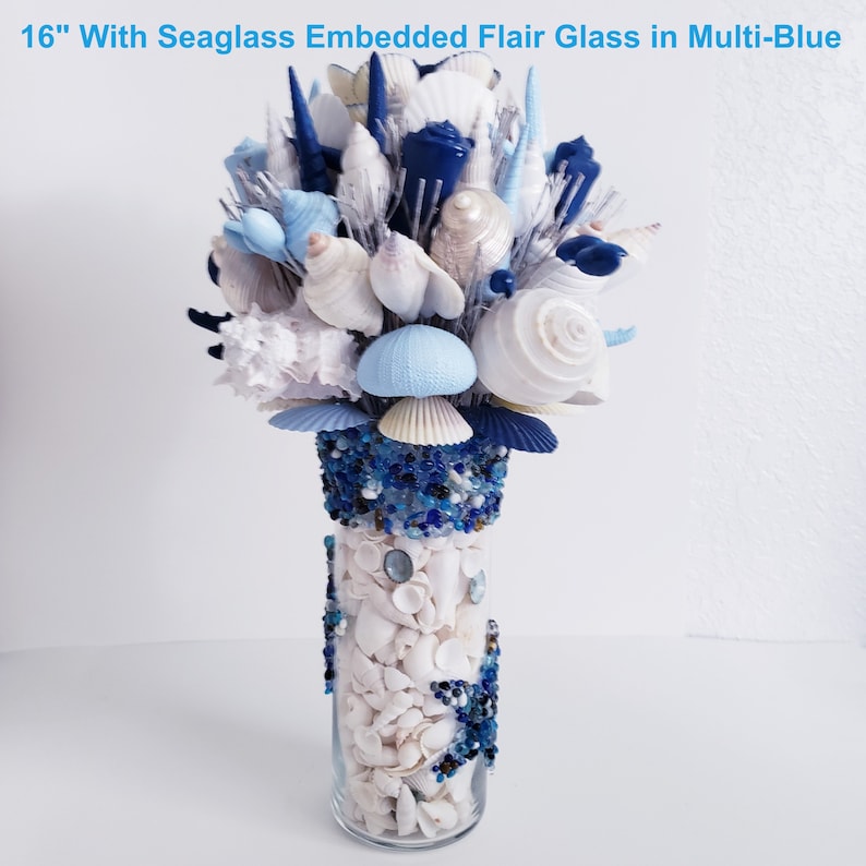 Seashell Bouquet with Glass Stand in 6 Colors & 3 Sizes 16" IN MULTI BLUE