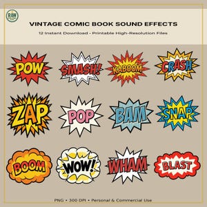 Puede incluir: Una colección digital de doce efectos de sonido de cómic vintage con burbujas de diálogo coloridas y dentadas con el texto POW, SMASH, KABOOM, CRASH, ZAP, POP, BAM, SNAP, BOOM, WOW, WHAM y BLAST sobre un fondo de color beige neutro.