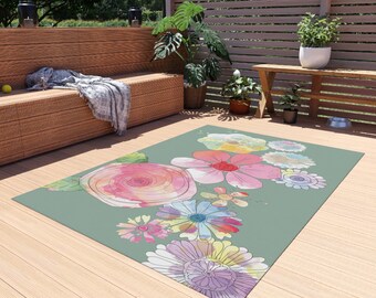 Floral Watercolour Outdoor Rug - Backyard - Patio - Family - Gift