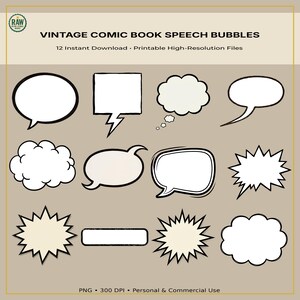 Op de afbeelding: Een verzameling van 12 vintage stripboek-spraakballonnen in diverse vormen, waaronder ovalen, rechthoeken, wolken en sterren met zwarte omlijningen. De tekst VINTAGE COMIC BOOK SPEECH BUBBLES 12 Instant Download Printable High-Resolution Files is zichtbaar.