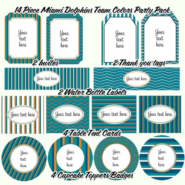Miami Dolphins Team Colors Party Pack - Instant Download - Print - Card - Invite - Label - Party - Customize - Personal - Commercial