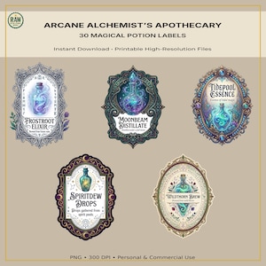 May include: Five decorative potion labels titled Arcane Alchemist's Apothecary 30 Magical Potion Labels. The labels feature ornate frames and illustrations of glass bottles containing glowing liquids labeled Frostroot Elixir, Moonbeam Distillate, Tidepool Essence, Spiritdew Drops, and Wildthorn Brew.