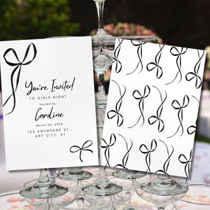 Bow Invitation Coquette-Themed Dinner Party Invitation | Black Bows, Ballet Core | Digital Download Template | Illustrated Black Bows