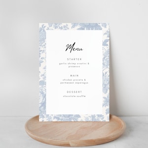 Let's Dinner Party Menü | Blaues Toile Blumenmuster | Französisches Vintage Muster | 30. Geburtstag Dinner Party | Canva Template