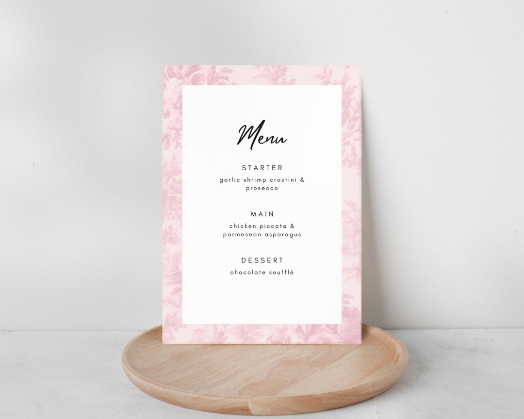 Let's Dinner Party Menu Pink Toile Floral Pattern Vintage French ...