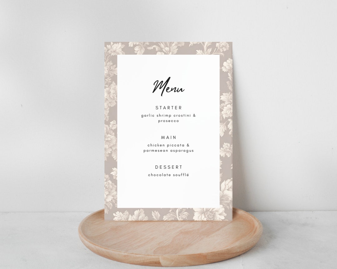 Let's Dinner Party Menu | Taupe Toile Floral Pattern | Vintage French ...