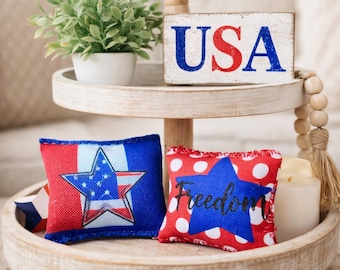 Mini patriotic Pillow Set 4th of July Tiered Tray Decor Americana Bowl Fillers Farmhouse Red White Blue