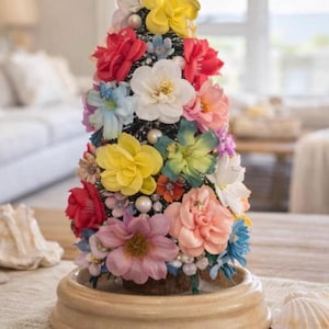 Árbol de flores hawaianas en miniatura para casa de muñecas, ideal como centro de mesa para Pascua o primavera. 25 cm de alto, 10 cm de ancho.