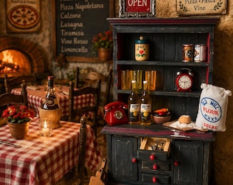 Italian Trattoria Miniature Dining Set | 1:12 Scale Dollhouse Restaurant | Rustic Pizza Shop Furniture | Handmade Hutch Table Chairs Decor