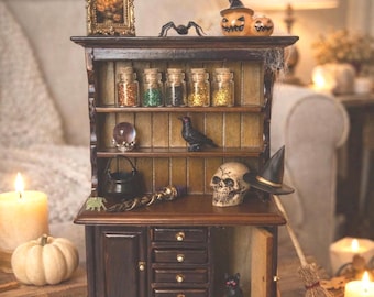 Miniatura de Armário de Halloween – Decoração Assustadora – Decoração de Outono para Casa de Bonecas – Móveis Assustadores de Halloween em Laranja e Preto – Decoração Sazonal em Miniatura