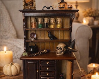 Miniature Halloween Hutch –  Spooky Decor – Dollhouse Fall Display – Scary Orange Black Halloween Furniture – Tiny Seasonal Decoration
