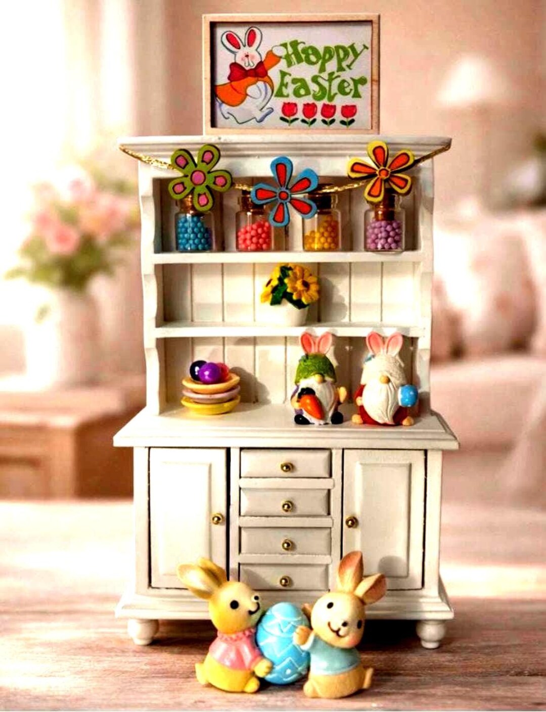 Miniature White Easter Hutch W/all, Spring Bunny Gnome Shelf Display ...