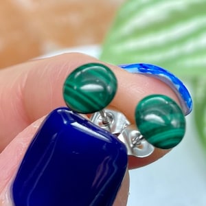 Malachite gemstone stud earrings on stainless steel posts. Healing and cleansing. Minimalist stud earrings.