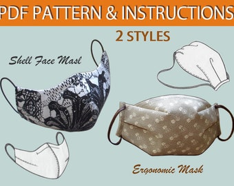 Face Mask Pattern PDF Reusable mask download  Sewing instructions 2 Different designs, Adult size