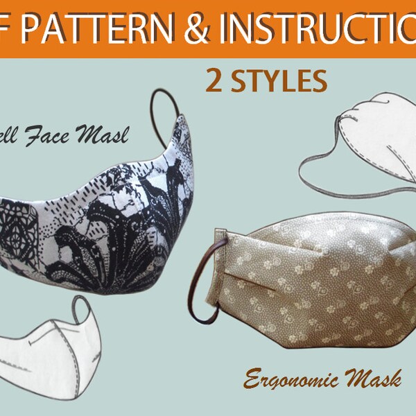 Face Mask Pattern PDF Reusable mask download  Sewing instructions 2 Different designs, Adult size