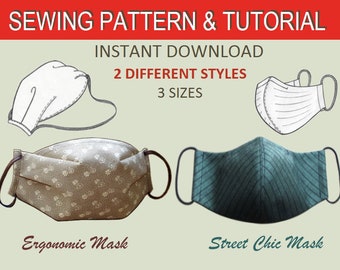 Reusable mask pattern download PDF Face mask sewing Diy 2 Styles S,M,L sizes